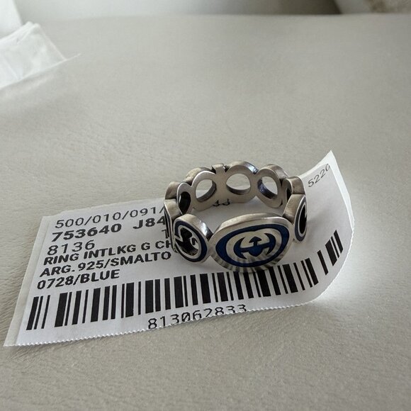 NEW GUCCI INTERLOCKING RING SILVER GG LOGO GREEN Chain Sz 26 IT 11.5 US Enamel - Picture 3 of 5